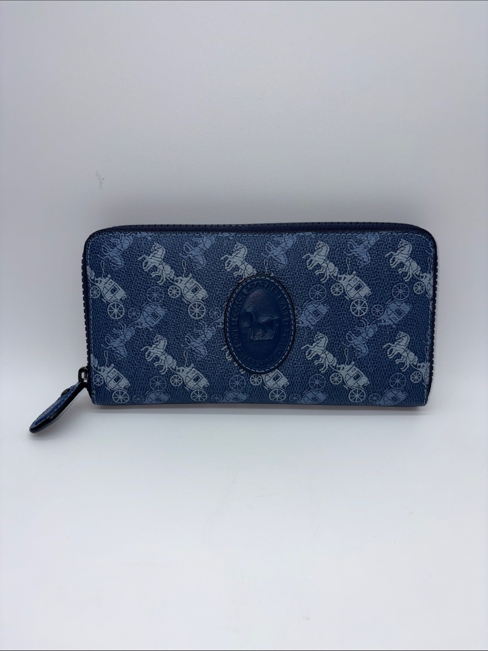 Coach Signature Horse & Carriage Print Blue Zip Around Full Size Wallet
